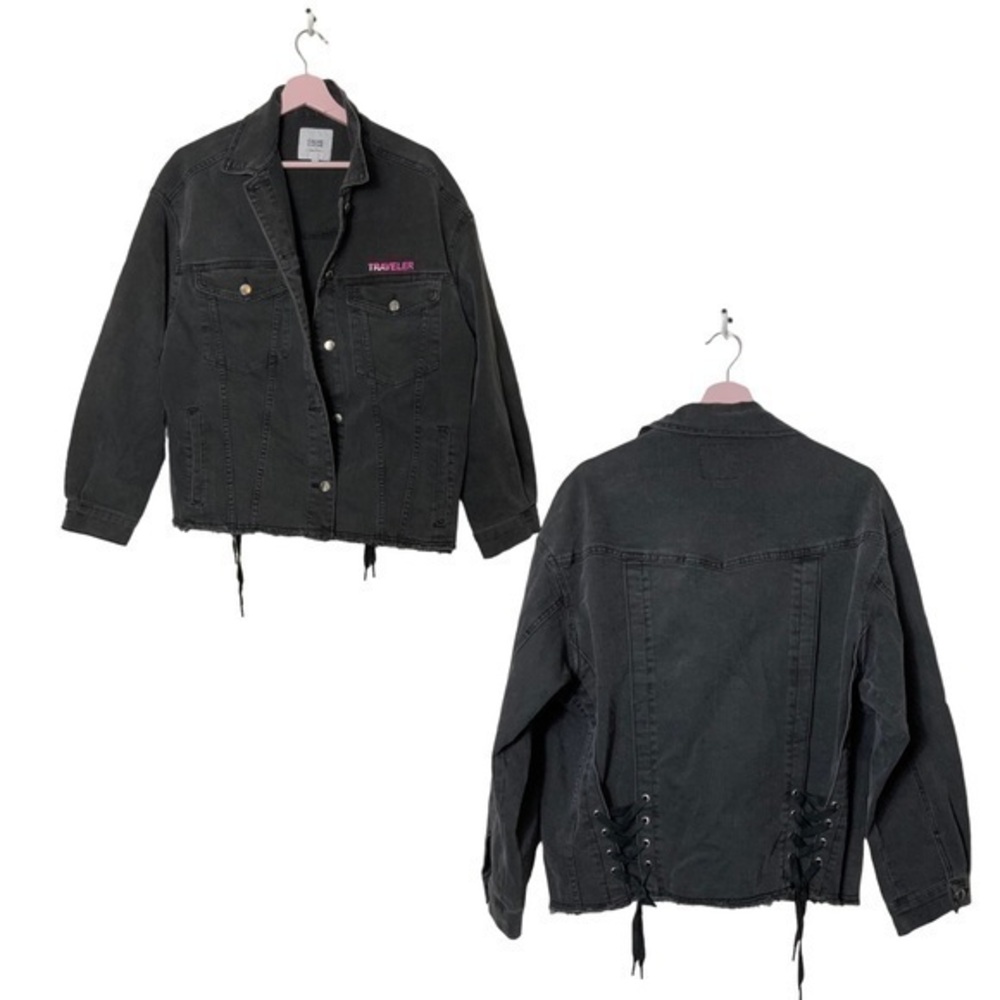 Vintage Cache denim traveler lace up back embellished black jean‎ jacket S/M